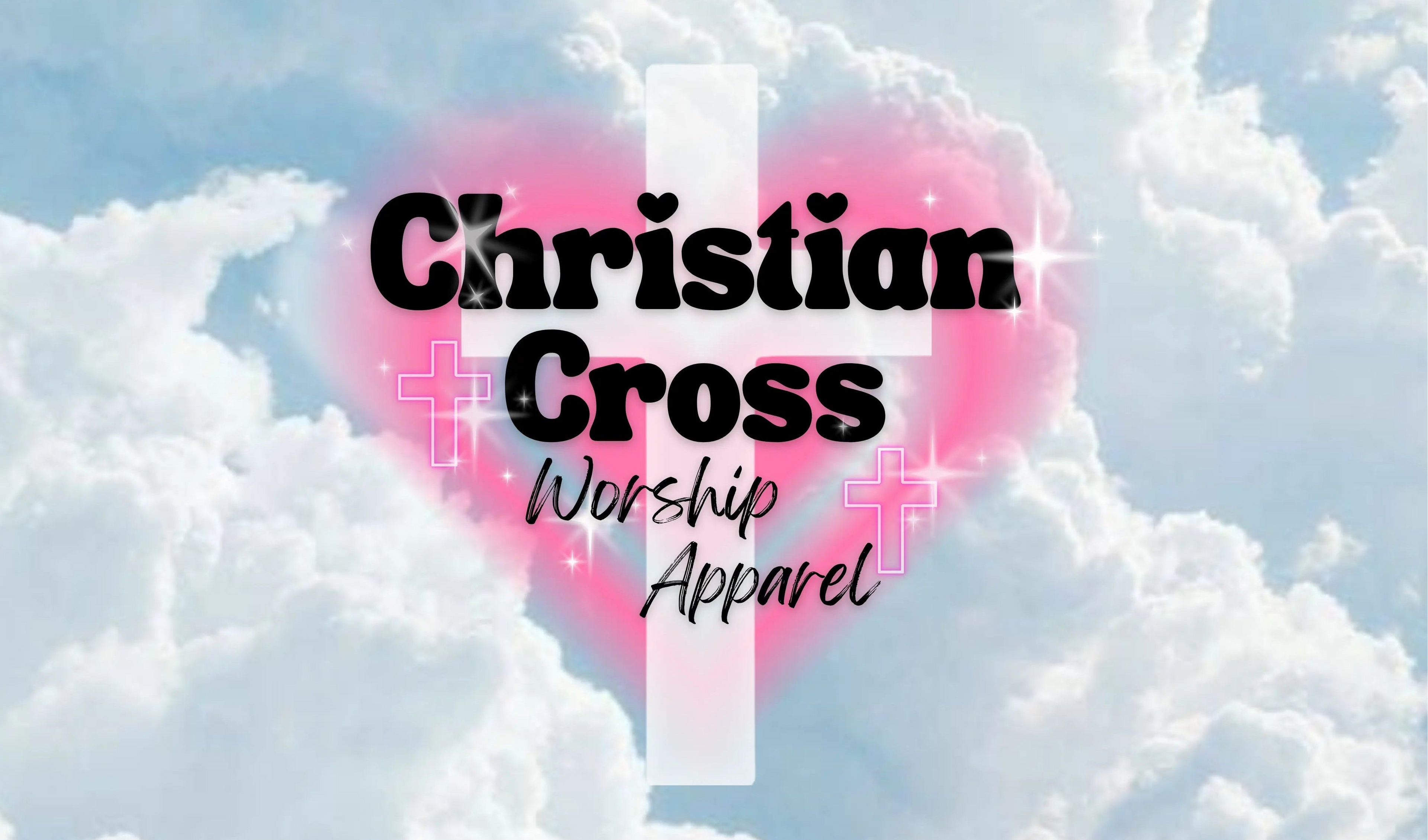Heart-shaped logo with 'Christian Cross Worship Apparel' text against a cloudy sky background